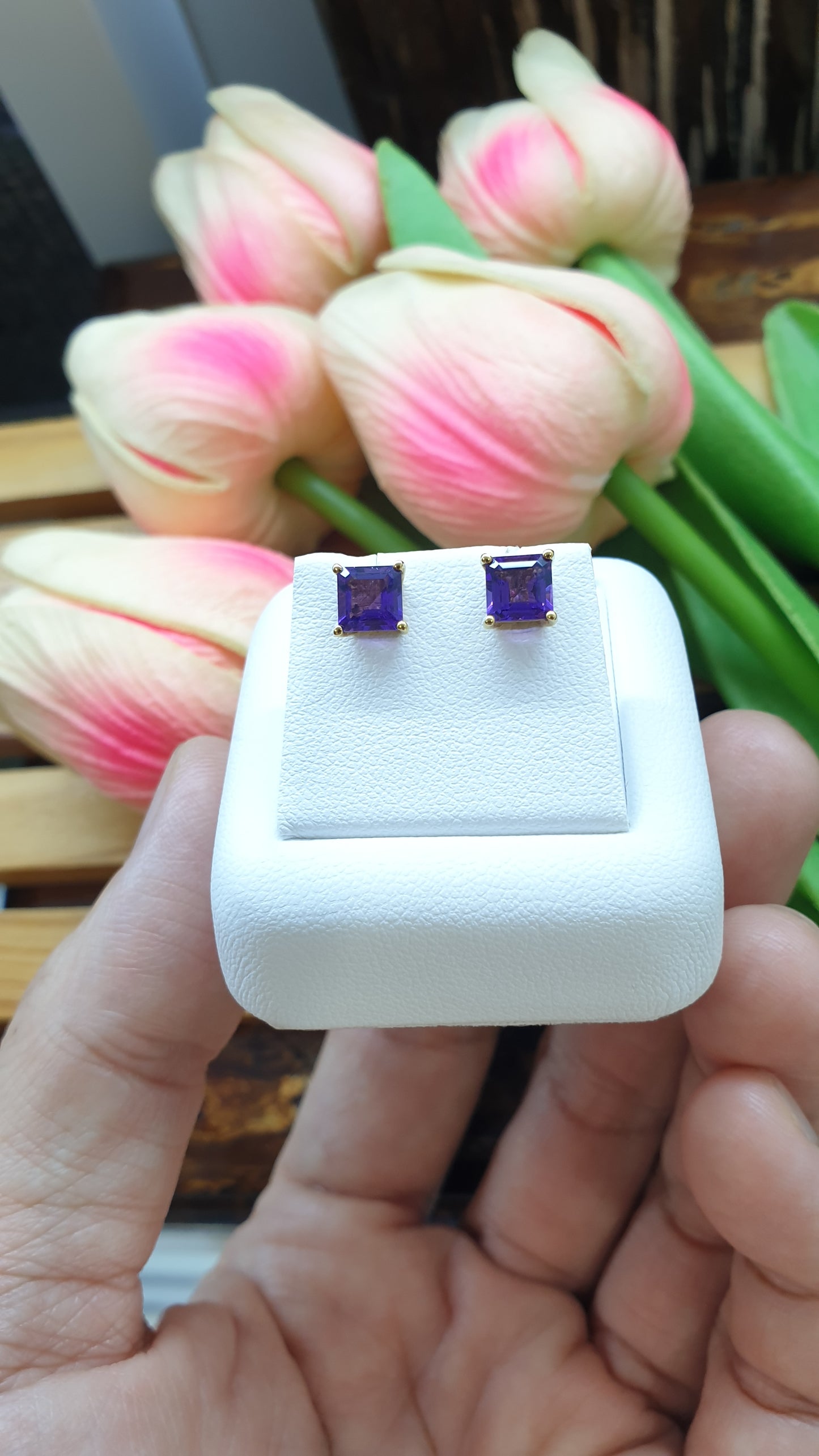 14K Gold Amethyst Princess Stud Earrings Natural Gemstones and Solid Gold