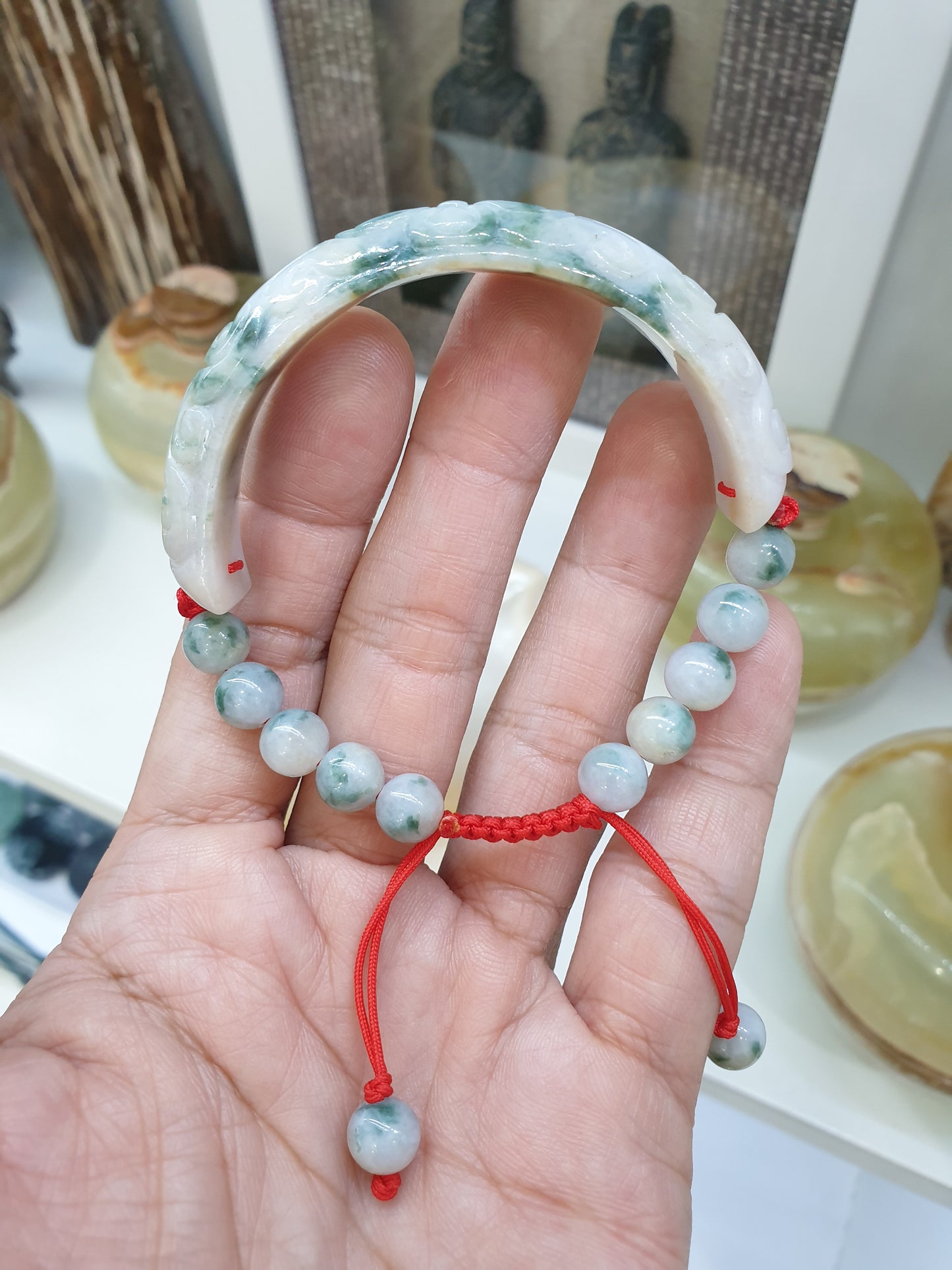 Jade Floral Half Bangle Red Thread Bracelet (Adjustable) | Fei Cui - Type A - Jadeite