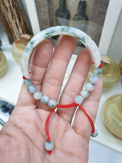 Jade Floral Half Bangle Red Thread Bracelet (Adjustable) | Fei Cui - Type A - Jadeite