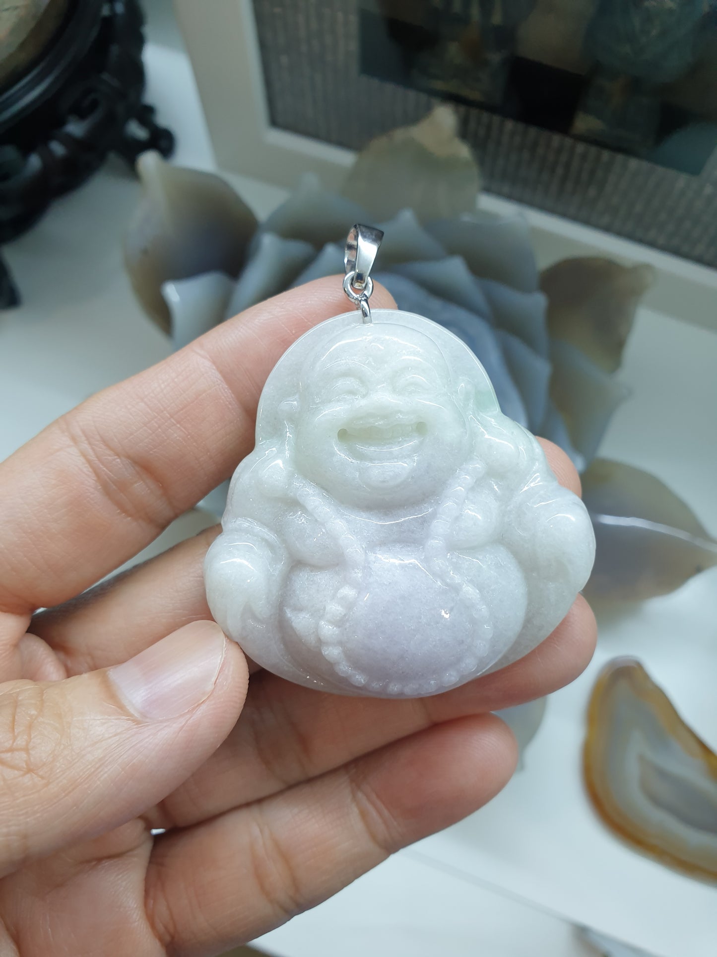 Lavender Jade Happy Buddha Pendant | Sterling Silver | Wealth & Fortune Jewelry