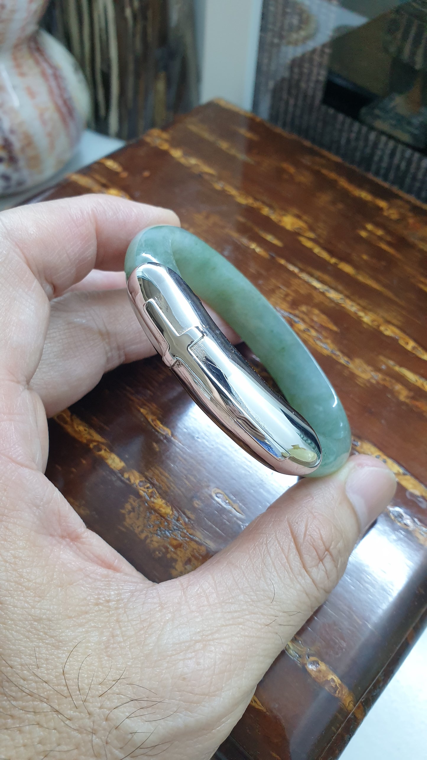 Elegant Cross on Jade Bangle (S 54) | Fei Cui Type A Jadeite & Sterling Silver | Statement Wrist Accessory