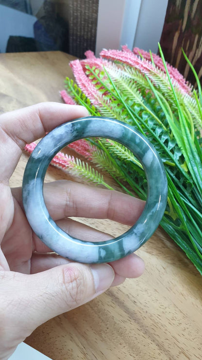 Jade Cylindrical Bangle S55.8 Fei Cui Green Type A Myanmar Jadeite Two Tone