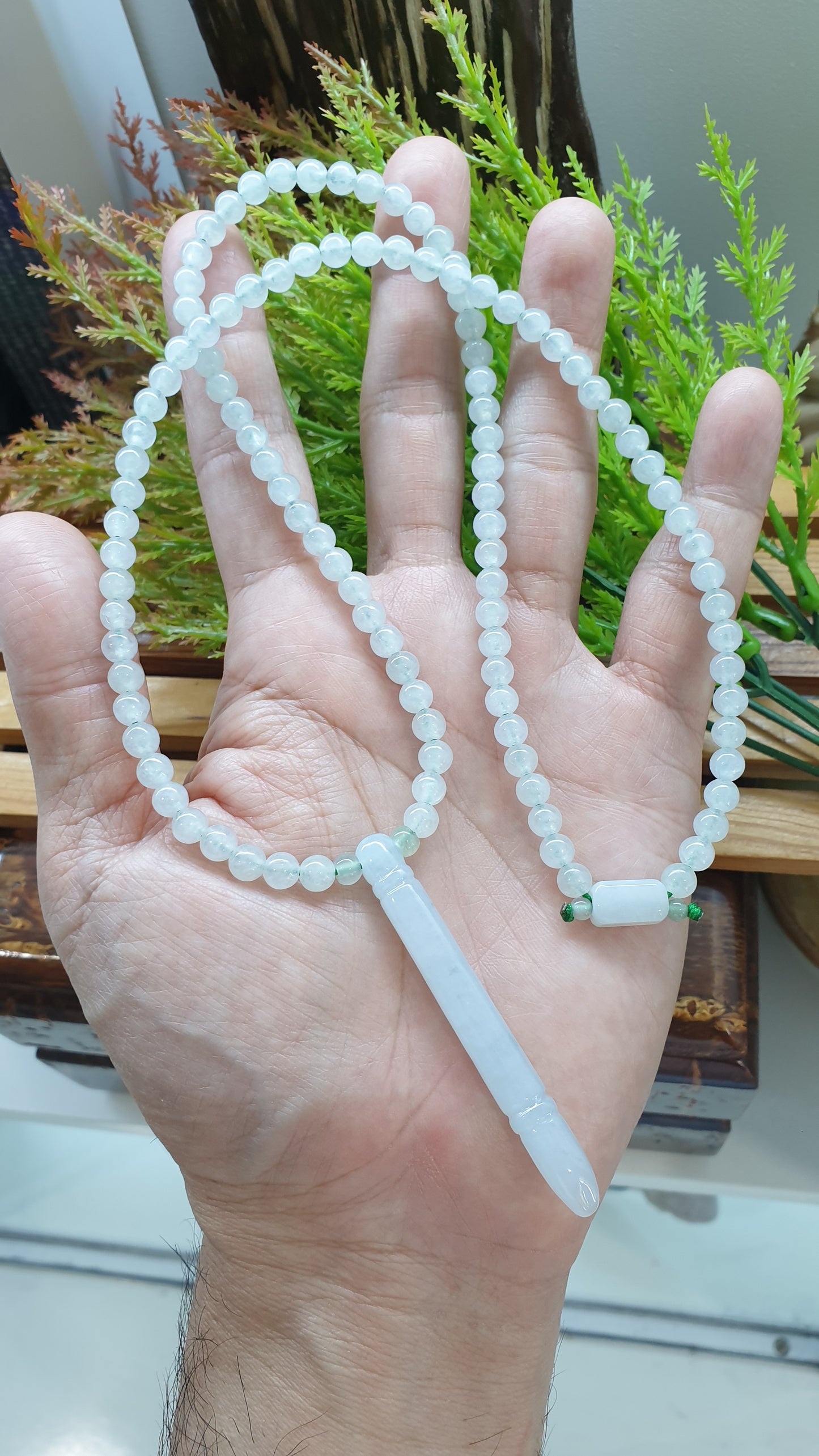 White Jade Ru Yi Bang Necklace 24inch Type A Myanmar Jadeite Natural Icy Beads