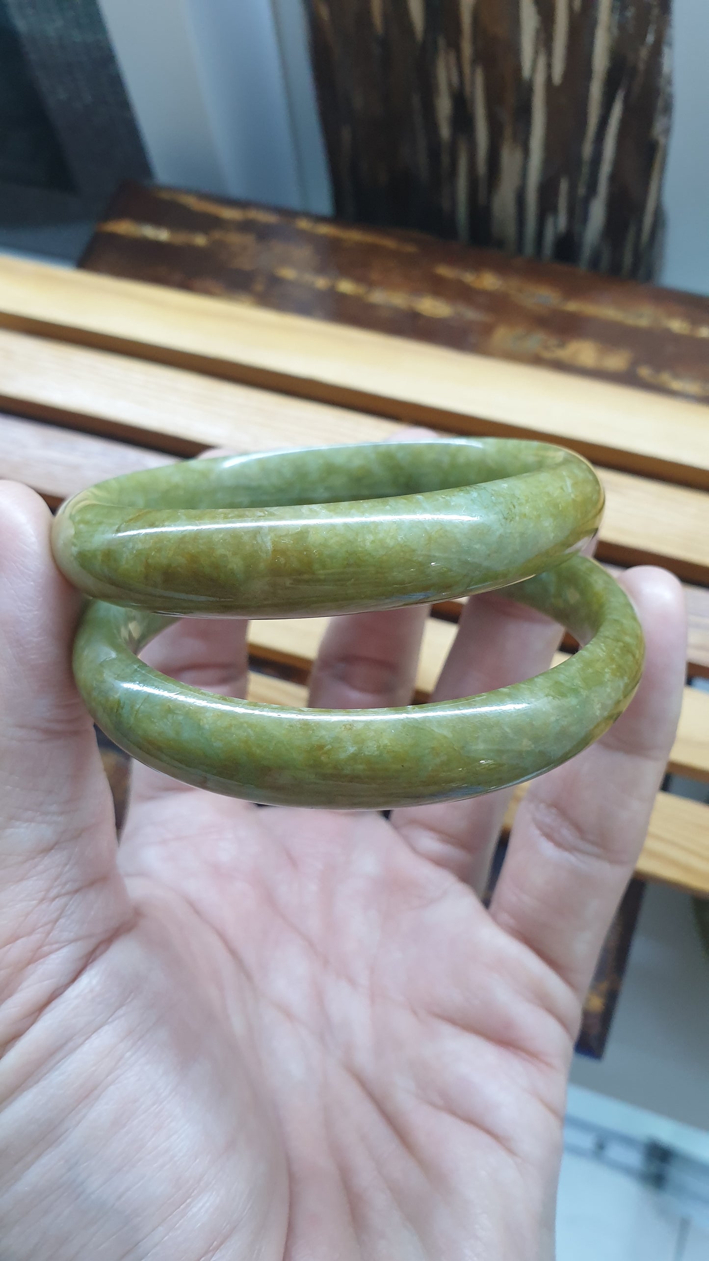 Paired Honey Green Jade Bangles S59 Vintage Type A Myanmar Jadeite