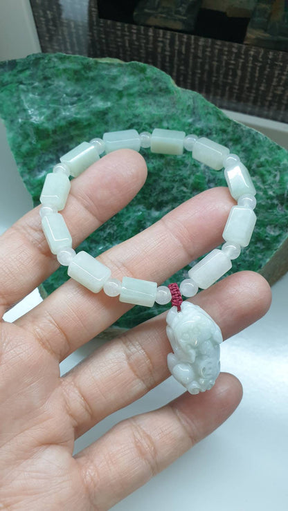 White Jade Pixiu Charm Bracelet 17cm Myanmar Type A Jadeite Cylinder Beads