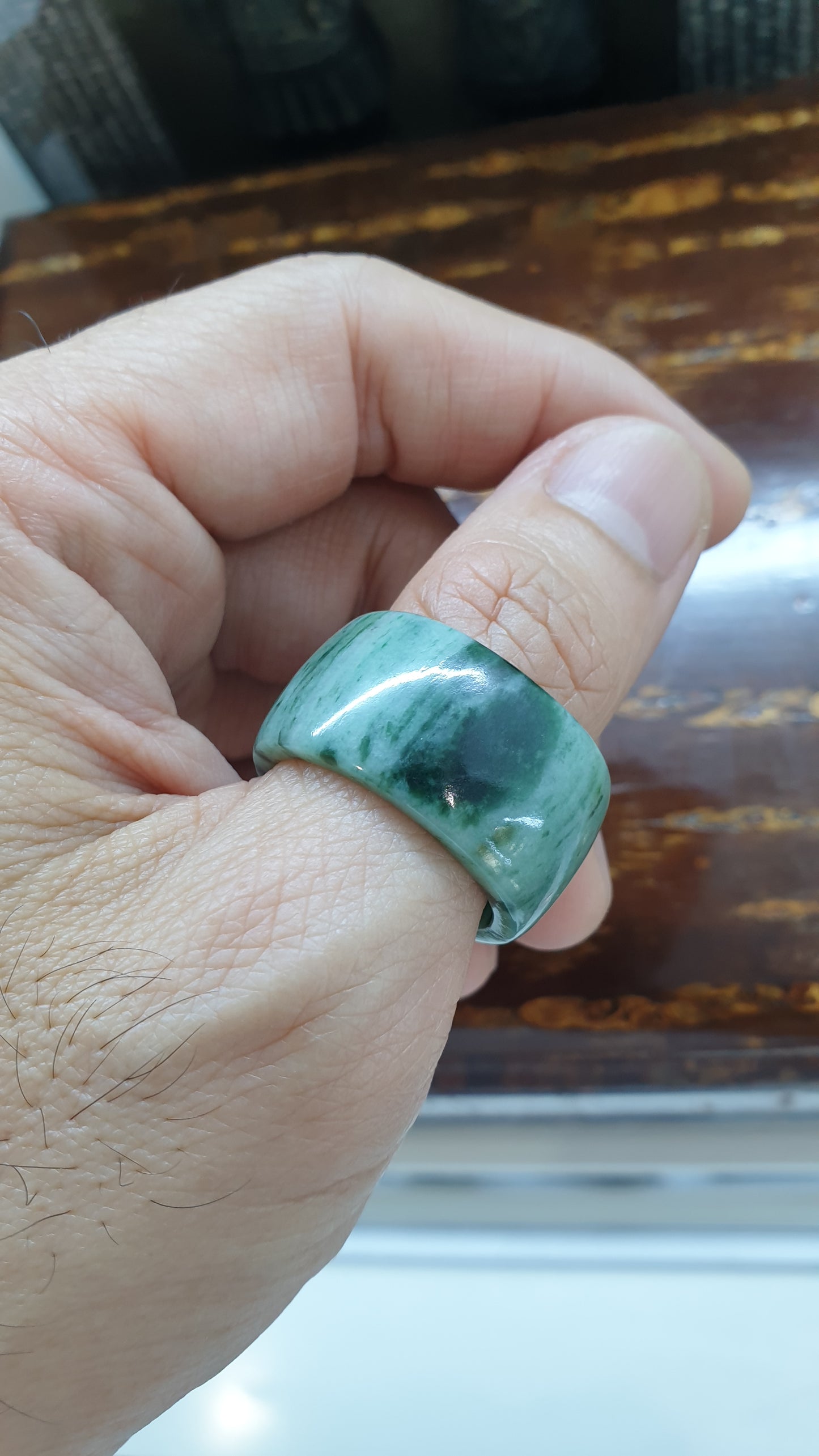 Type A Natural Jadeite Domed Ring Grayish Green Striated - US Size 13