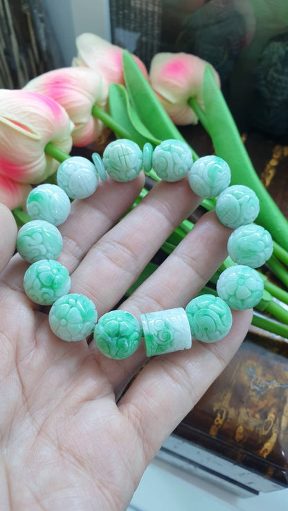 Natural Moss In Snow Jade 17cm Bracelet with Cylinder and Ping An Kou Charm
