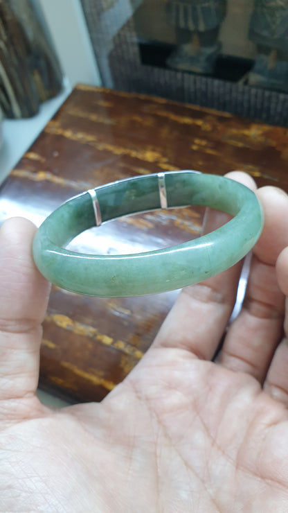 Elegant Cross on Jade Bangle (S 54) | Fei Cui Type A Jadeite & Sterling Silver | Statement Wrist Accessory