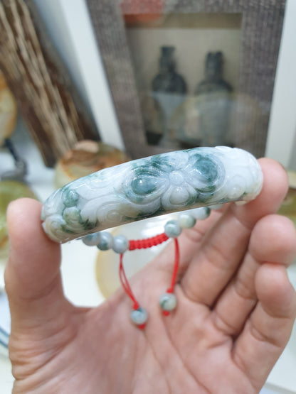 Jade Floral Half Bangle Red Thread Bracelet (Adjustable) | Fei Cui - Type A - Jadeite