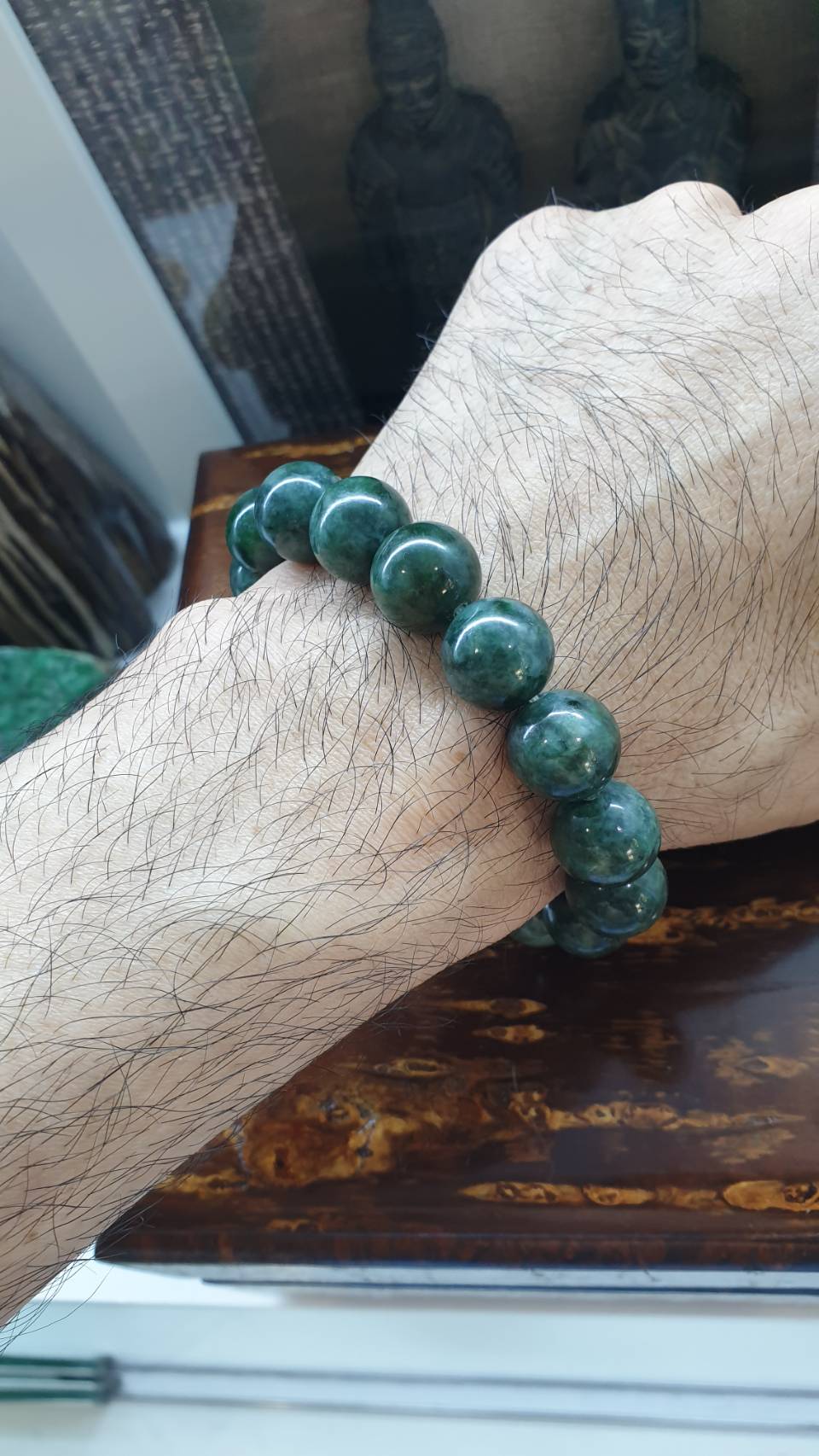 Gent's Style Marbled Green Jadeite Bracelet with 13.5mm Vintage Beads