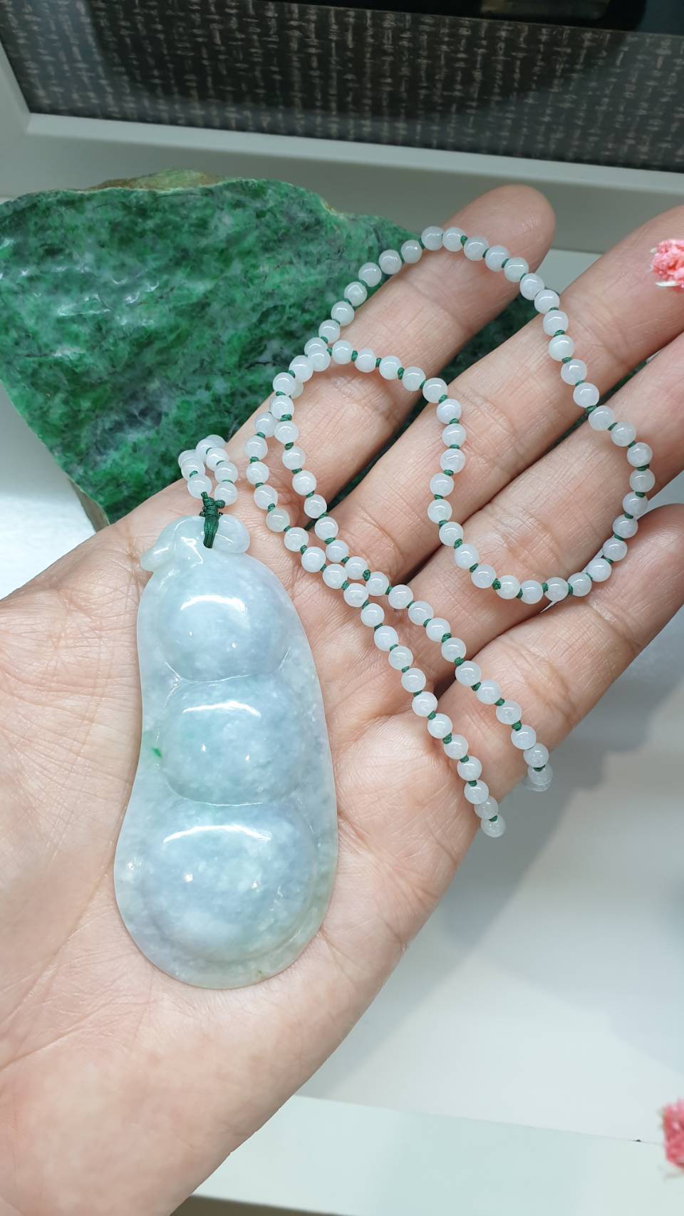 Peapod on White Jade Beaded Necklace 24inch Type A Natural Myanmar Jadeite
