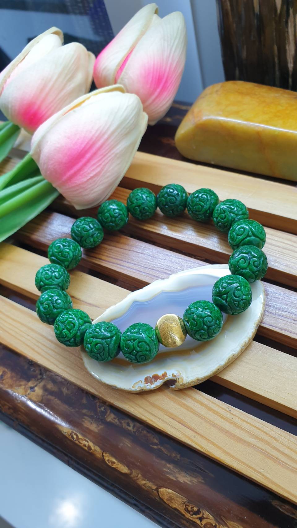 24K Gold Fei Cui Green Jade Ru Yi Beads Bracelet 17cm Type A Natural Myanmar Jadeite