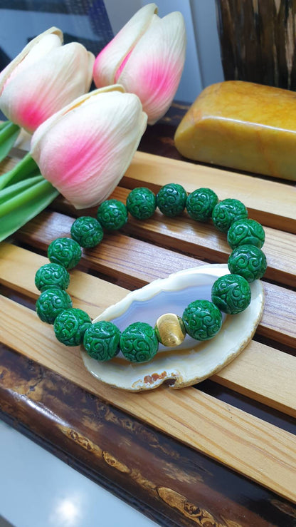 24K Gold Fei Cui Green Jade Ru Yi Beads Bracelet 17cm Type A Natural Myanmar Jadeite