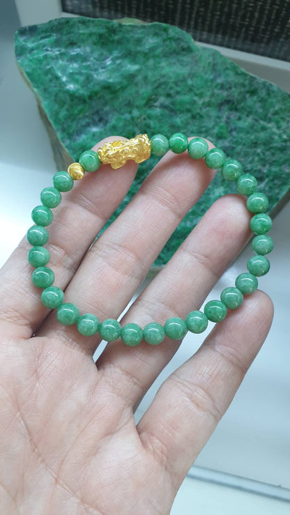 24K Gold Pixiu Jade Bracelet 17cm Natural Green Type A Myanmar Fei Cui Jadeite