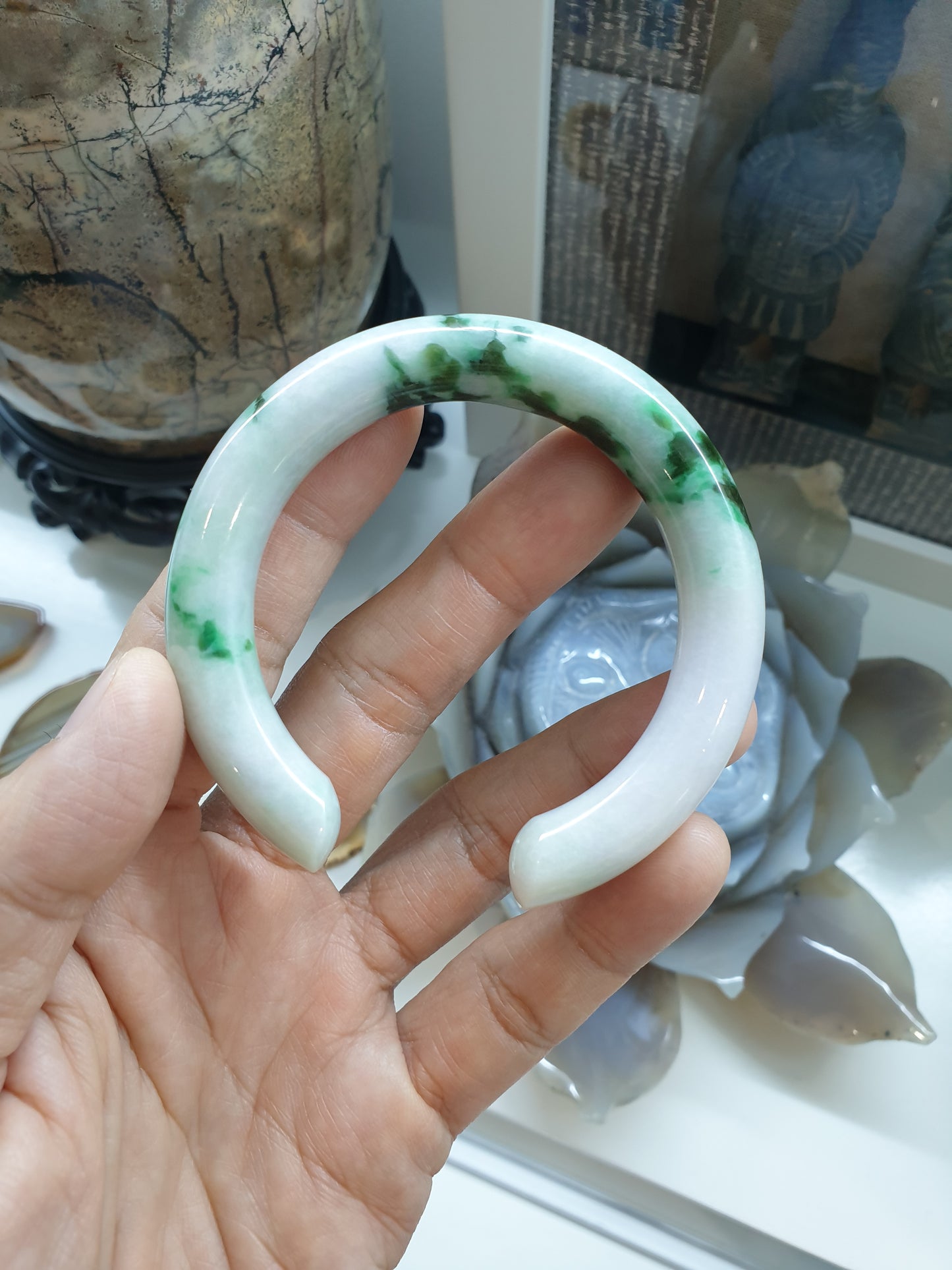 Jade Cylindrical Cuff Bangle Size 55 - 56 Moss in Snow Natural Jadeite