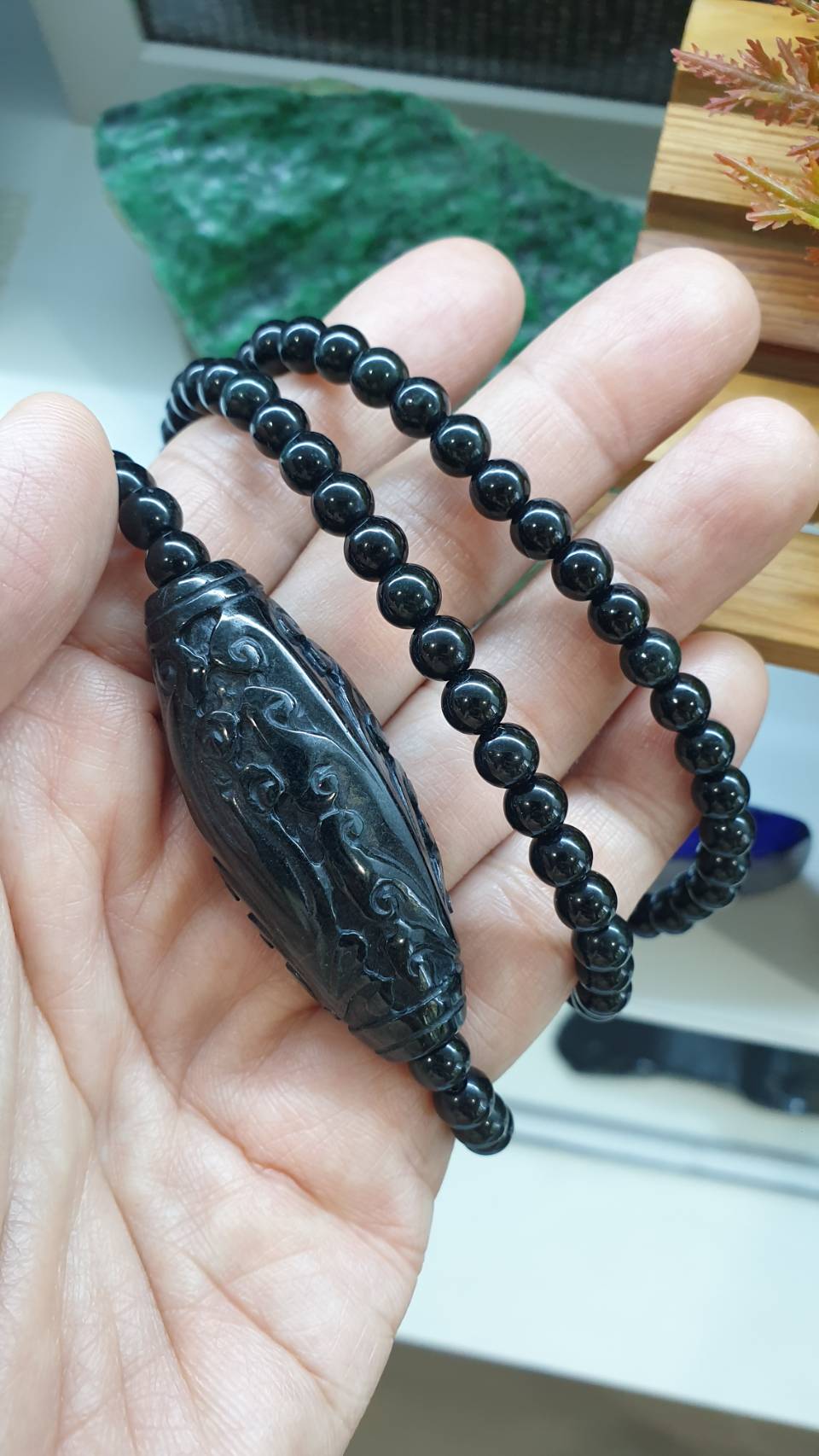 Black Jade Ru Yi Matinee Necklace 28inch Type A Natural Myanmar Jadeite