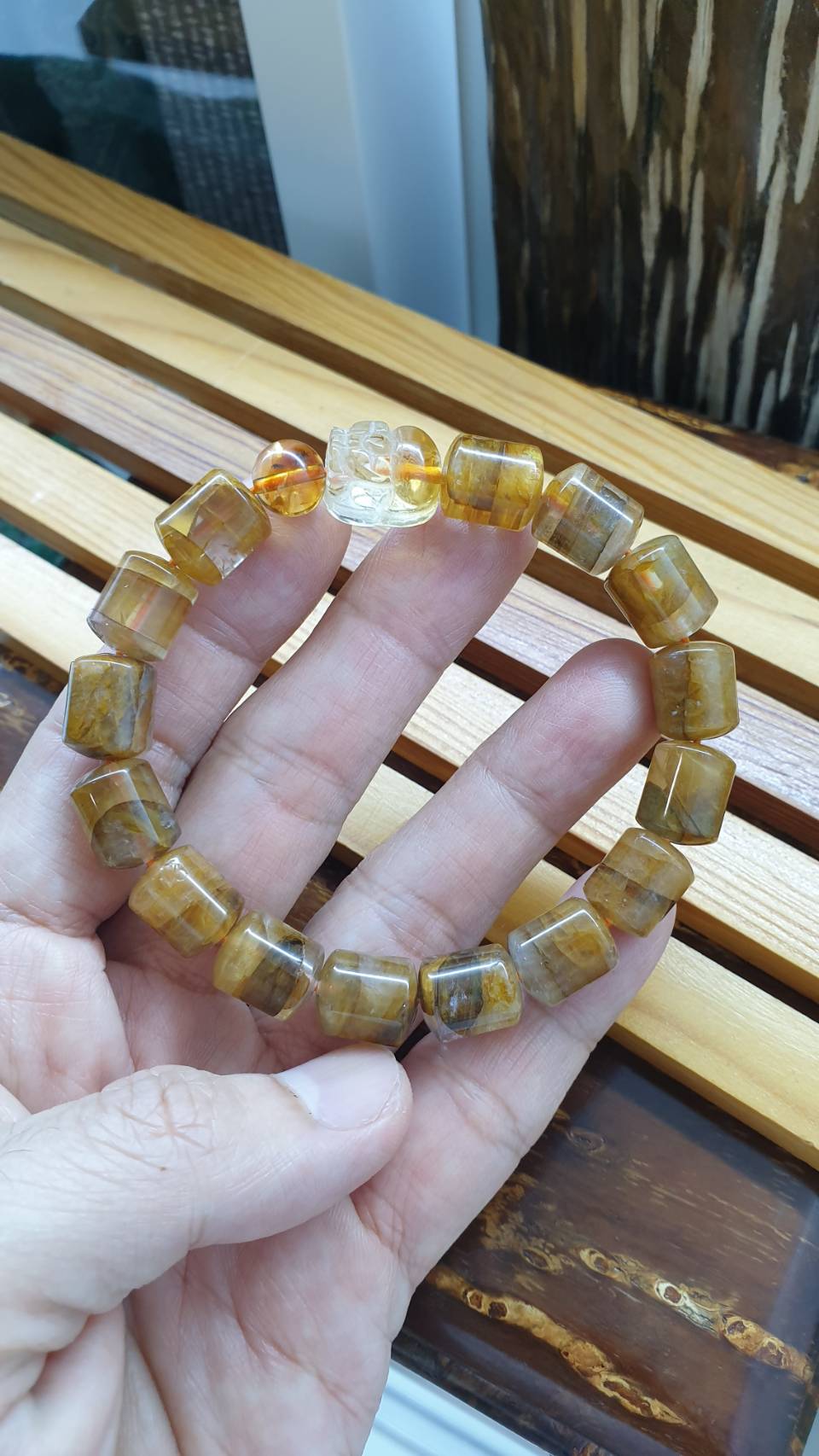 Citrine Wealth Bracelet 17 cm - Natural Gemstone Pixiu, Cylinder Beads