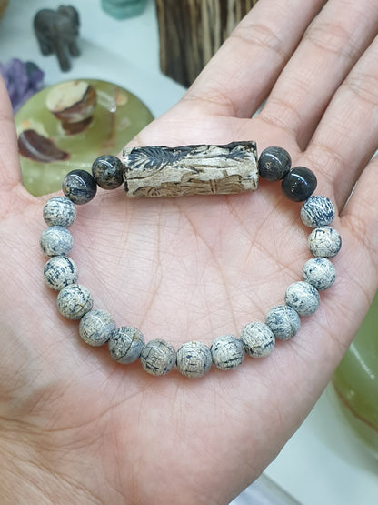 Vintage Intaglio Stamp Cylinder on Stegodon Fossil Beads Bracelet 17cm Natural Stones