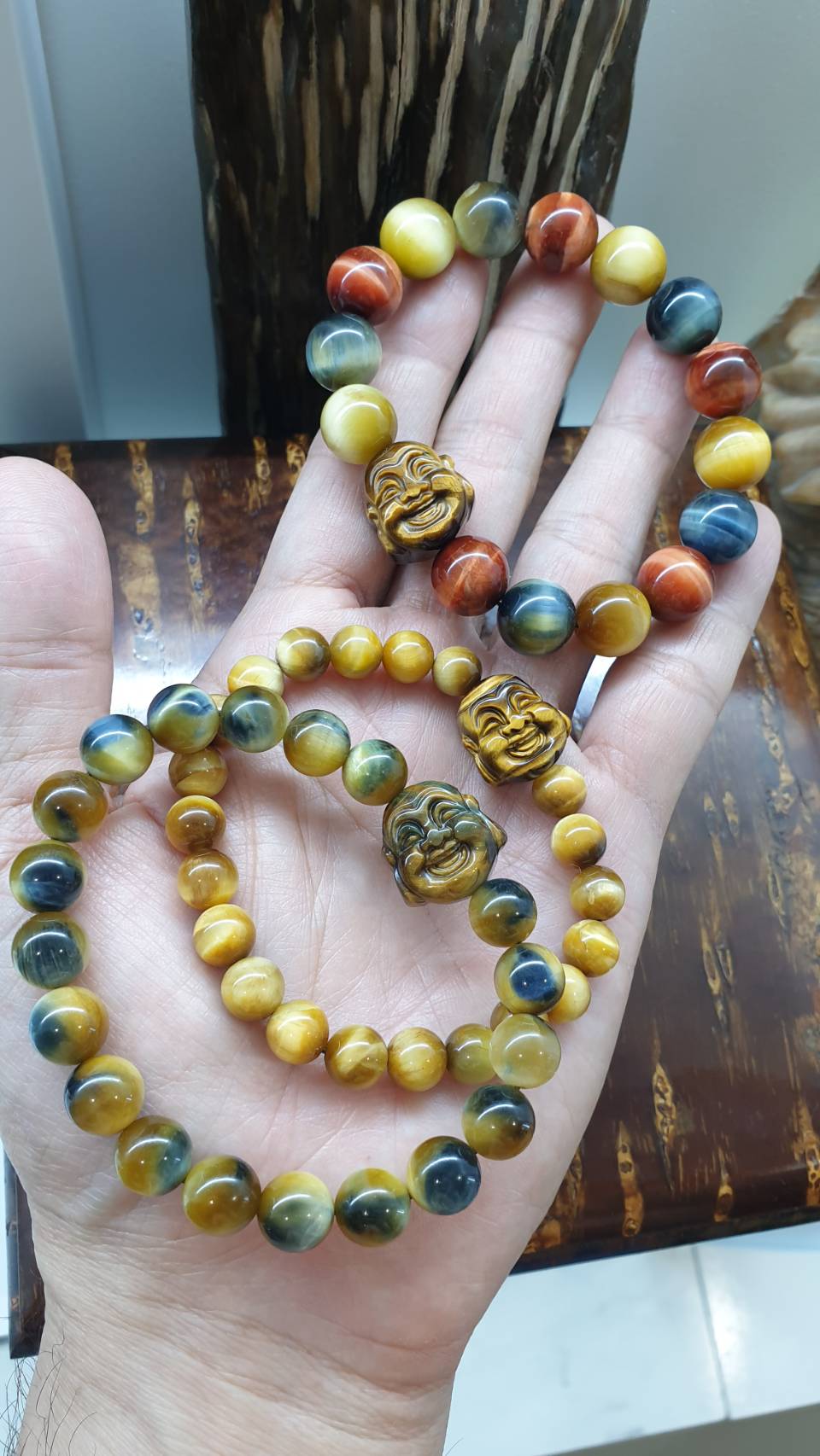 Tiger Eye Happy Buddha Prosperity Bracelets 17cm - Natural Stone Beads