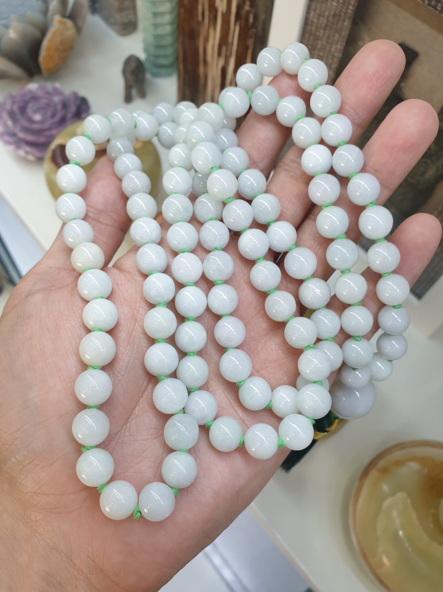 108 Beads Jade Japa Mala | White Green Jadeite Beads - Type A | Handcrafted Meditation Beads