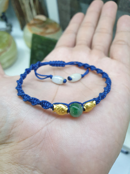 Jade & Fish Woven Bracelet (Adjustable) | Pure 24K Gold | Fei Cui - Type A Jadeite