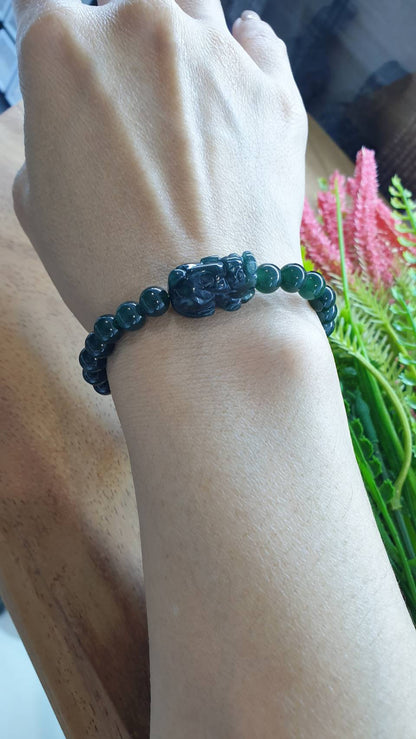 Ocean Blue Jade Wealth Bracelet 17cm Pixiu Ru Yi Bead Charms Type A Natural Jadeite