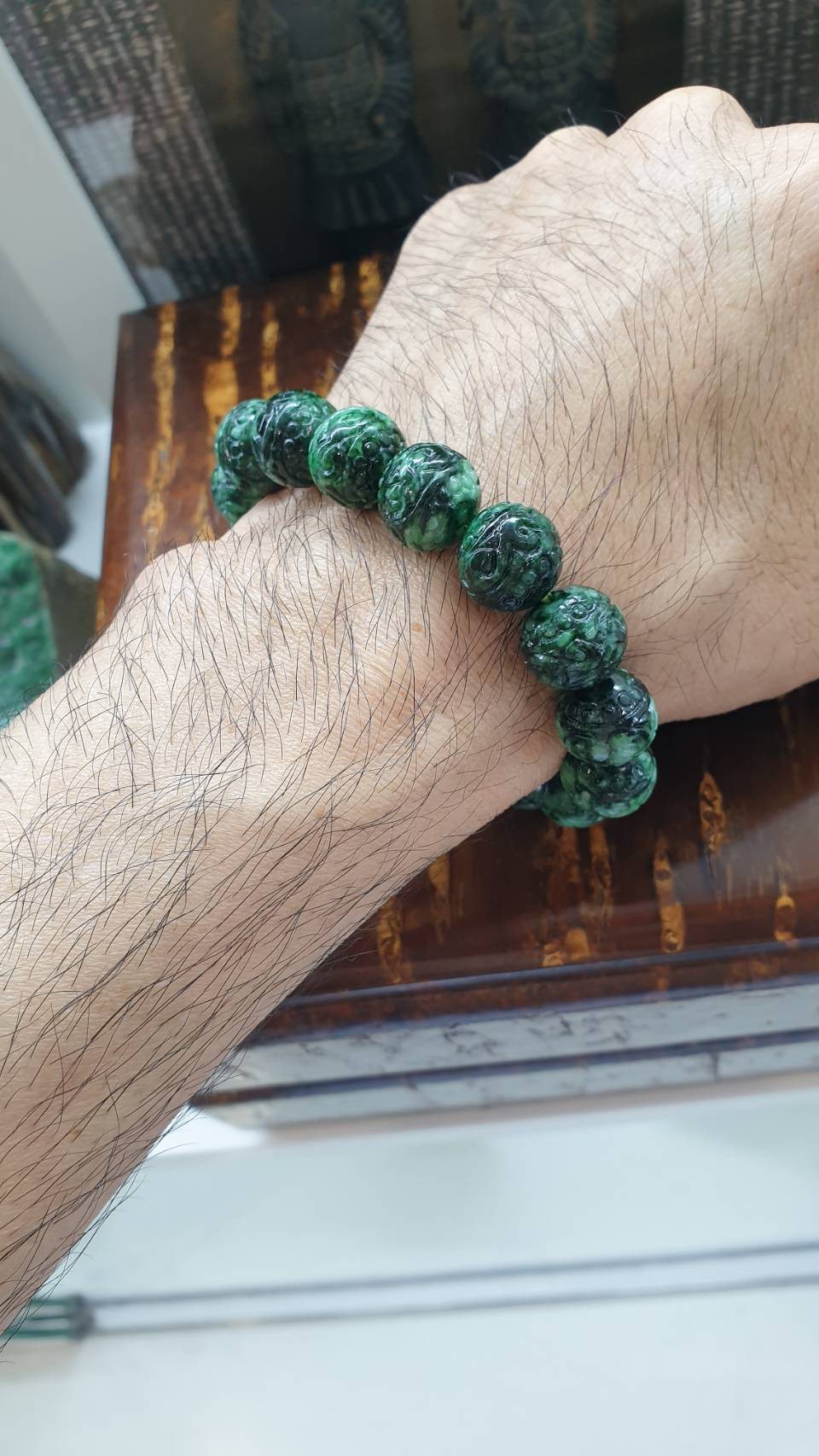 Jade Ru Yi Beads Bracelet | Marbled Green, Type A  Natural Jadeite | Giftable Gents Bracelet