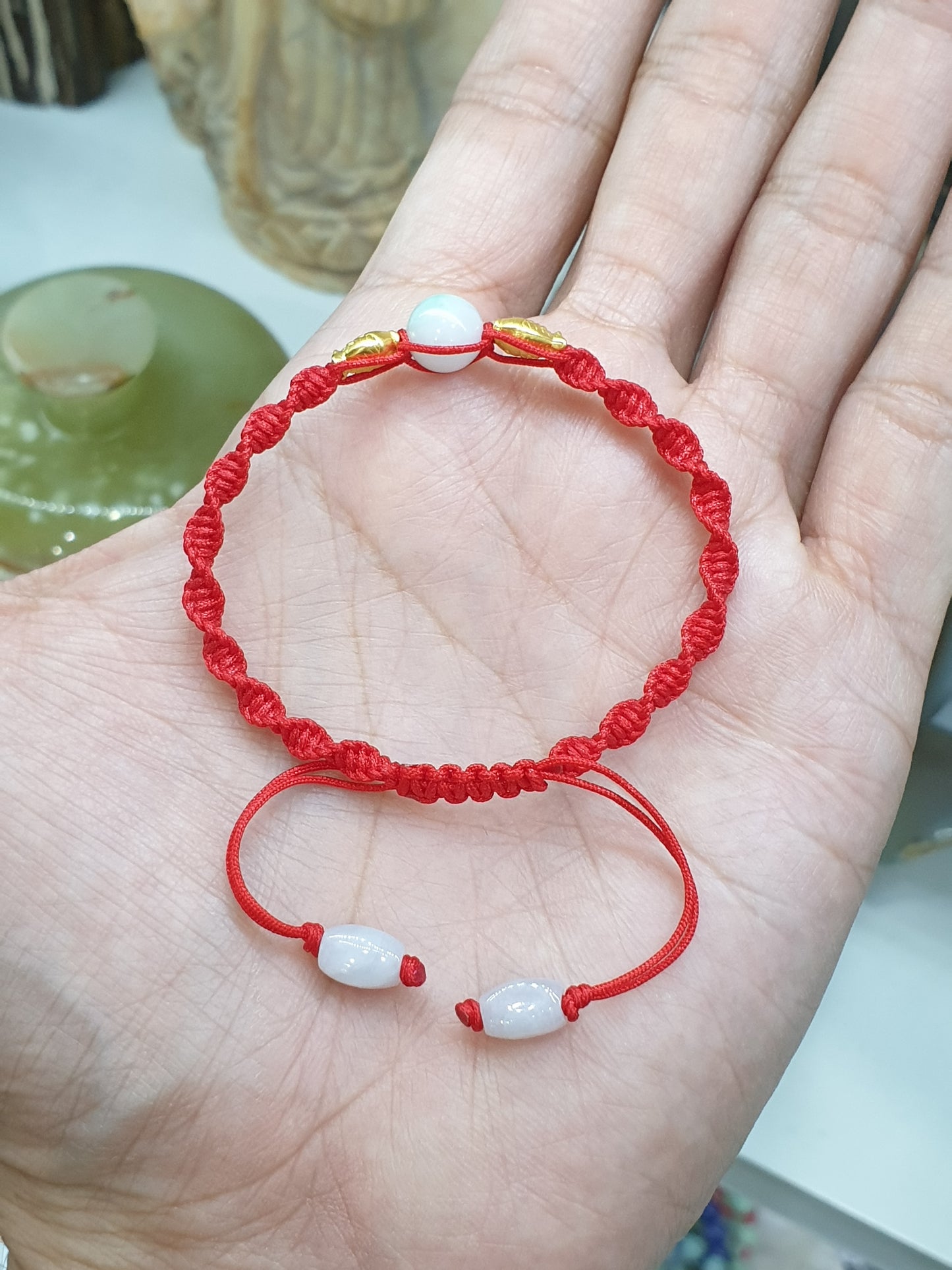 24K Pure Gold Koi Fish and Moss in Snow Jade Braided Bracelet Natural Jadeite