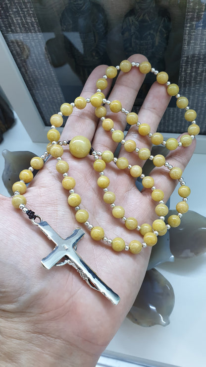 Yellow Jade Rosary Beads Necklace | Fei Cui Type A Jadeite + Sterling Silver | Gift Idea for Him or Her 🎁