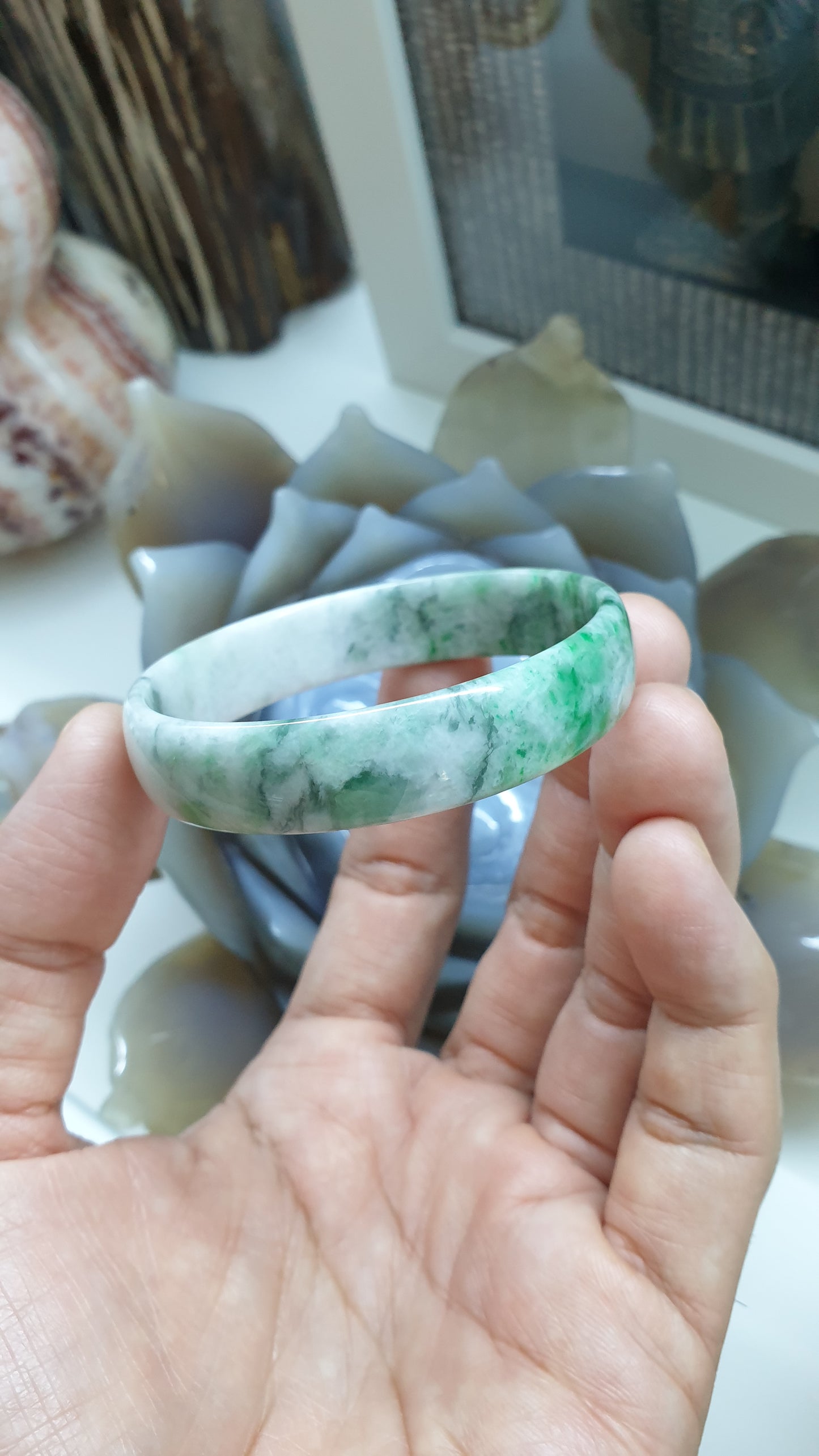 Moss in Snow Jade Square Edge Bangle (S 52.8) | Fei Cui Type A Jadeite