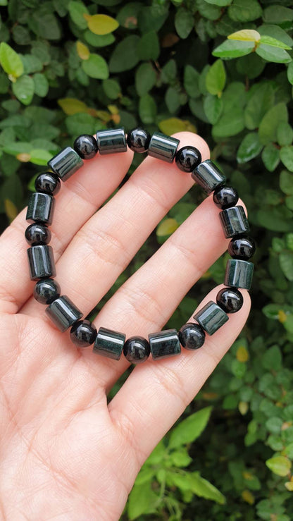 Jade Cylinder Beads Bracelet 17cm Fei Cui Type A Myanmar Black Jadeite