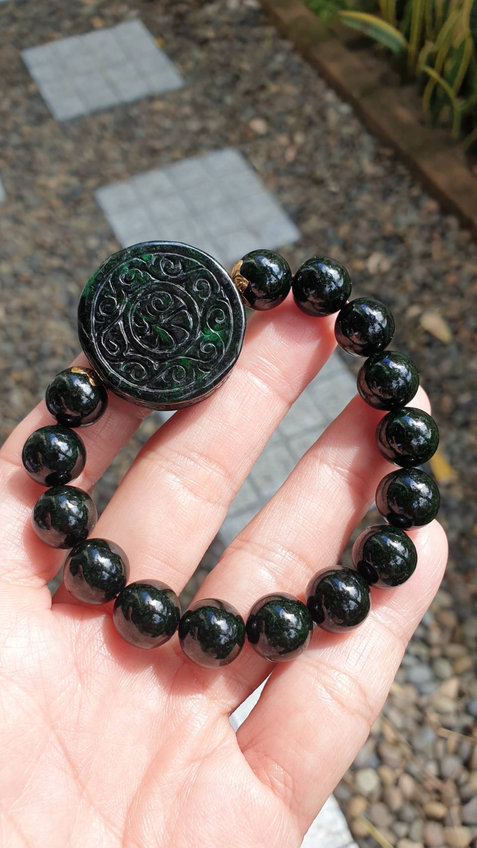 Ru Yi Black Jade Bracelet 17cm Gold Accents Myanmar Natural Black Jadeite Type A