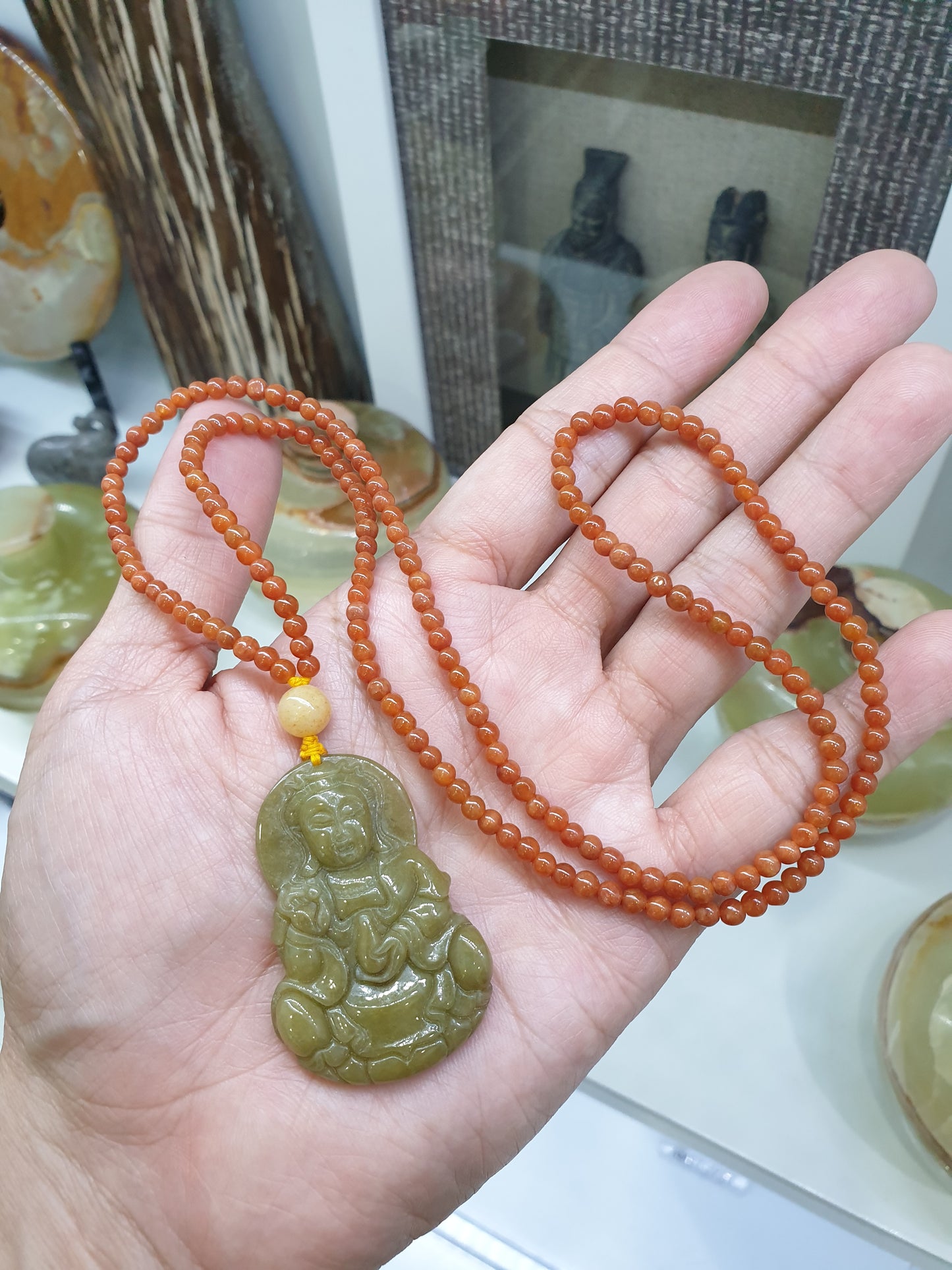 Jade Guan Yin on Red Jade beaded Necklace (24") | Fei Cui Type A Jadeite | His or Hers Fortune Necklace
