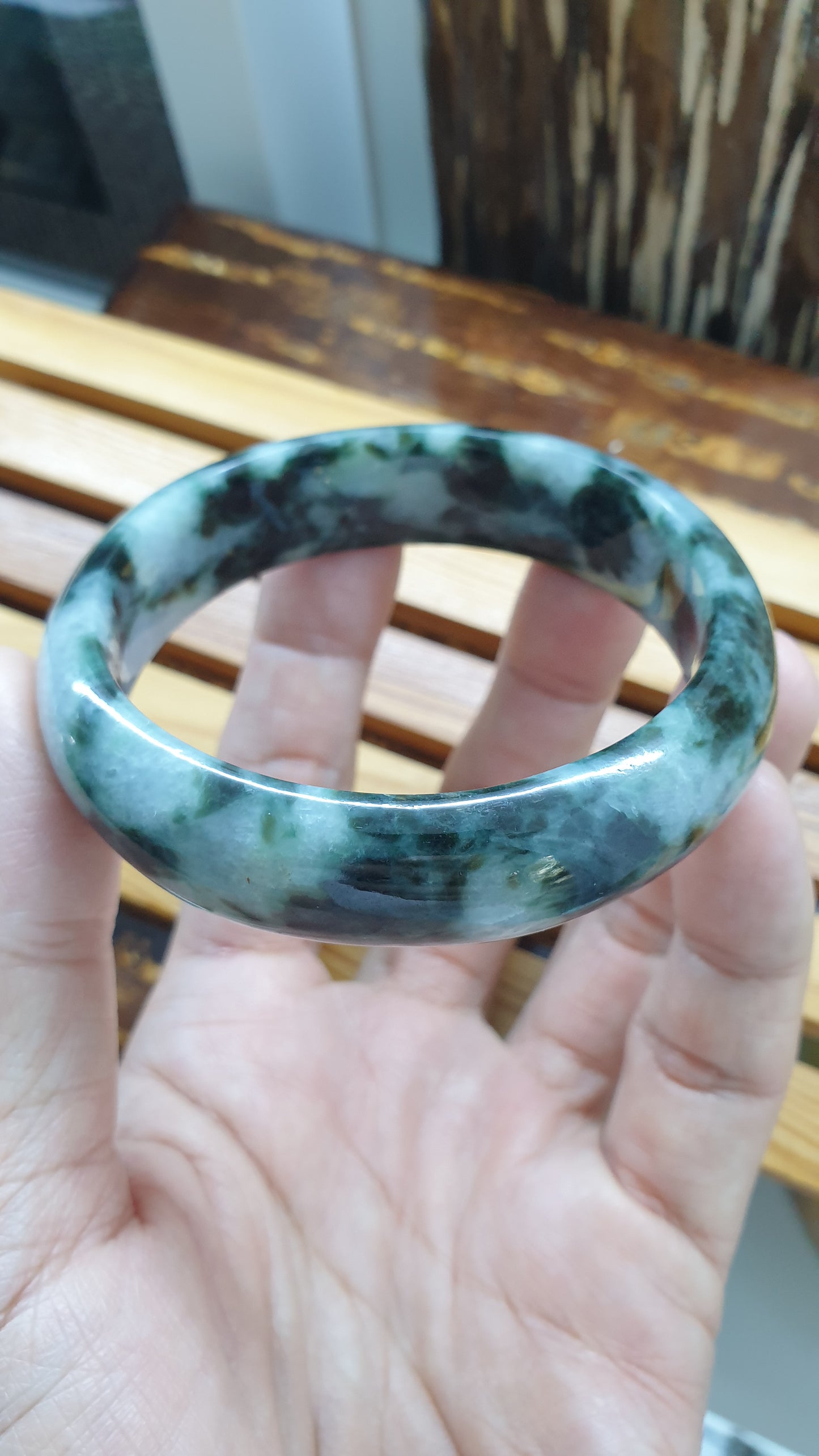 Jade Vintage Bangle S59 Black Moss Green Fei Cui Type A Myanmar Jadeite