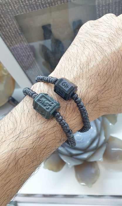 Type A Black Jade Mani Mantra Bracelet 17cm with Om Mani Padme Hum Charms