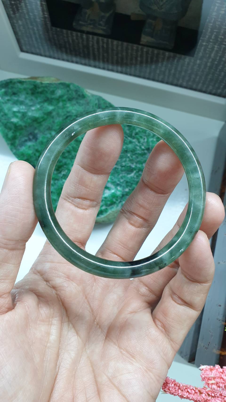 Cylindrical Jade Bangle S55 Slim Translucent Green Type A Myanmar Natural Jadeite