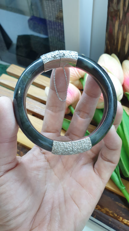 Jade Split Bangle S63 Natural Black Type A Myanmar Jadeite Sterling Silver Designer Locks