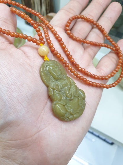 Jade Guan Yin on Red Jade beaded Necklace (24") | Fei Cui Type A Jadeite | His or Hers Fortune Necklace