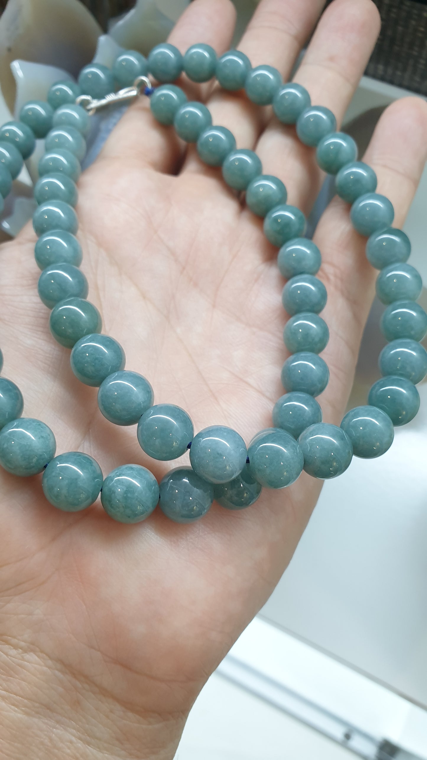 Blue Jade Beaded Necklace 22Inch Type A Jadeite Guatemala Origin