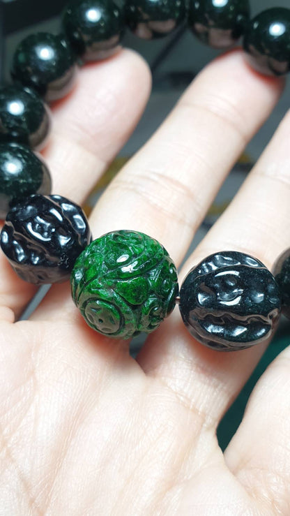 Black Jade Bracelet 18cm Type A Myanmar Jadeite Bodhi and Ru Yi Bead Charms