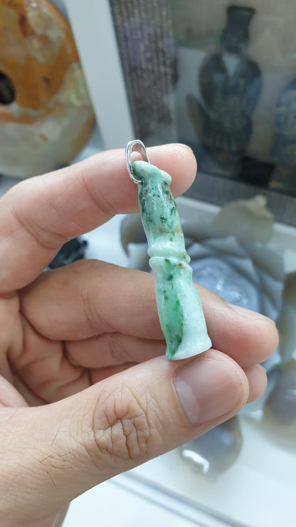 Jade Bamboo Cylinder Pendant Type A Natural Jadeite Sterling Silver S925