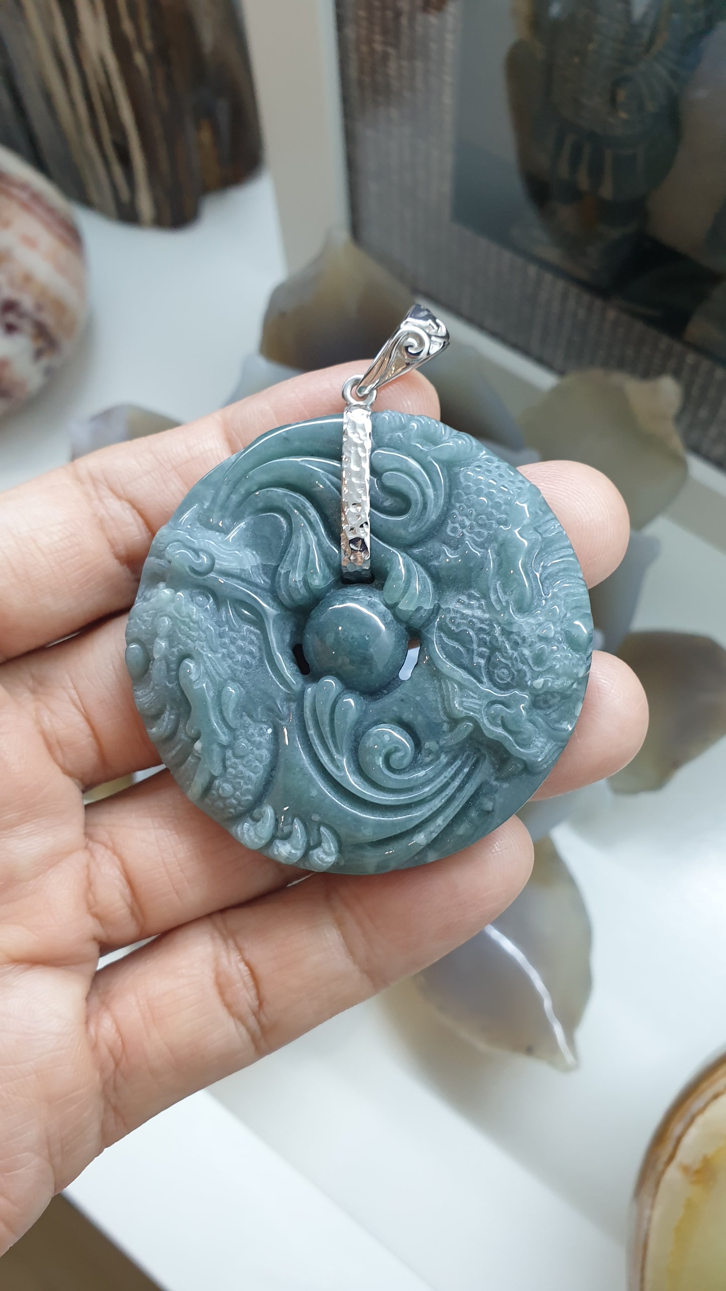 Fire-Breathing Dragon Pendant | Fei Cui - Natural Blue Jadeite | Authentic Sterling Silver