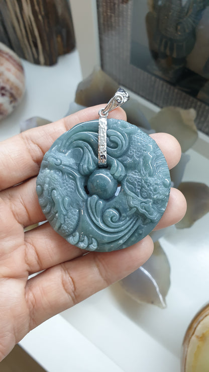 Fire-Breathing Dragon Pendant | Fei Cui - Natural Blue Jadeite | Authentic Sterling Silver