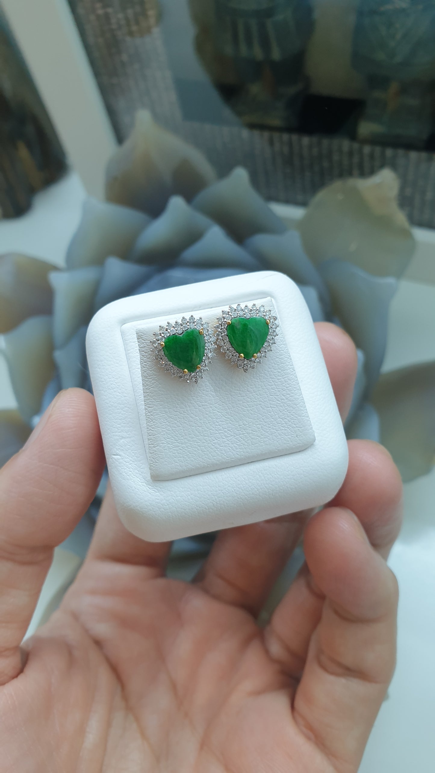 Jade & Diamond Heart Earrings | 18K Gold Studs | Fei Cui Type A Natural Jadeite