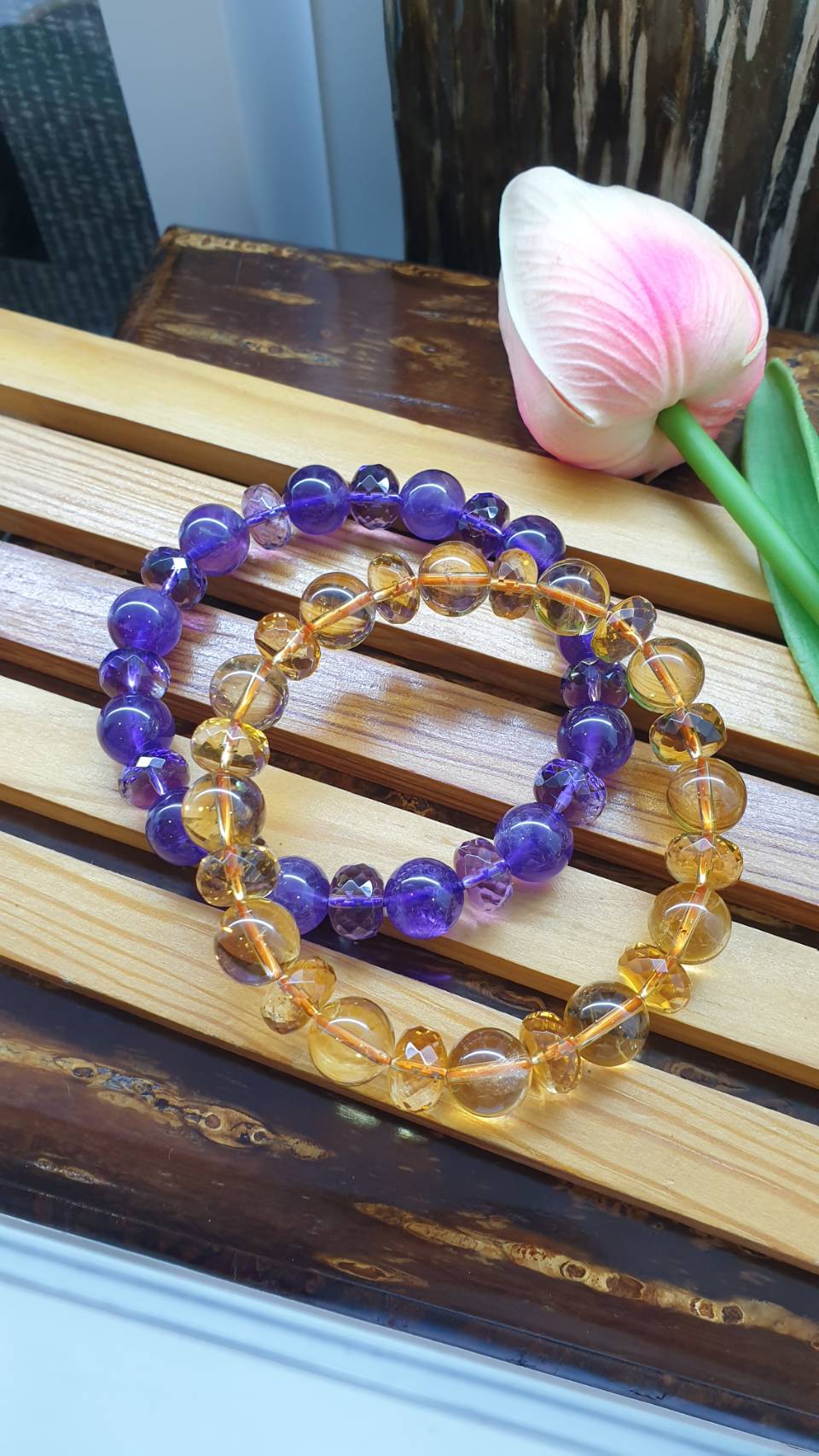 Citrine and Amethyst Paired Bracelets 17 cm - Natural Gemstone Beads
