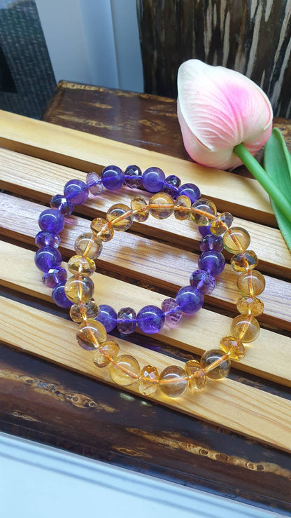 Citrine and Amethyst Paired Bracelets 17 cm - Natural Gemstone Beads