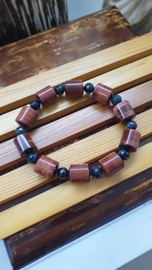 Red Tiger Eye Bracelet 18 cm - Cylinder Beads, Natural Black Jade Spacers