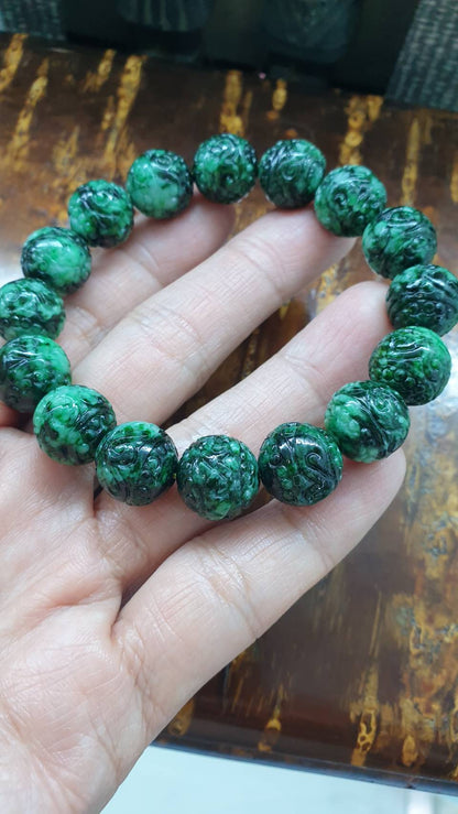 Jade Ru Yi Beads Bracelet | Marbled Green, Type A  Natural Jadeite | Giftable Gents Bracelet
