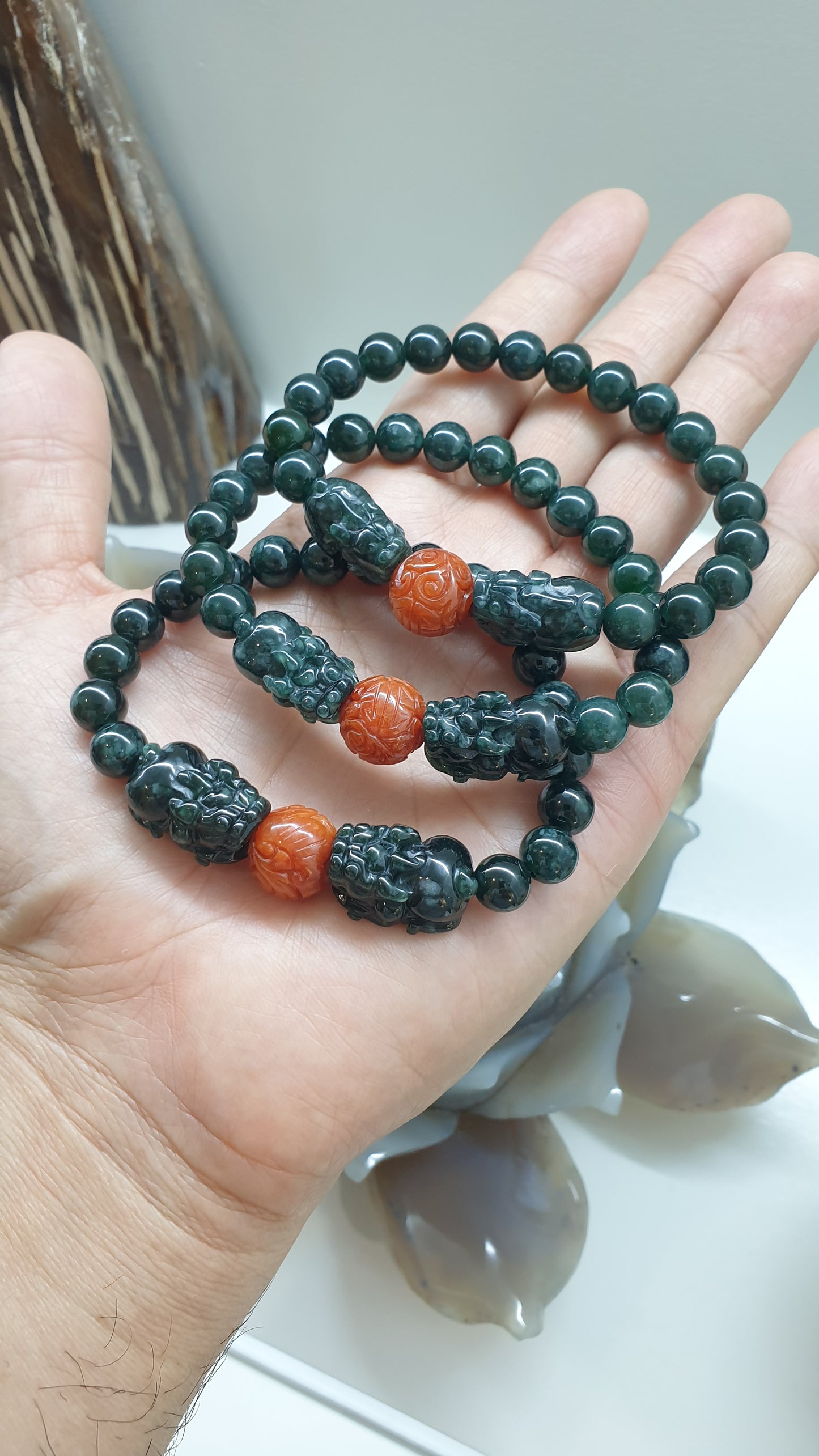 Deep Blue Jade Twin Pixiu + Red RuYi Bead | His or Hers Wealth Magnet Bracelet | Type A Natural Jadeite