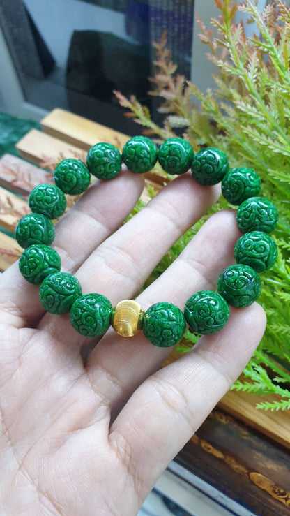 24K Gold Fei Cui Green Jade Ru Yi Beads Bracelet 17cm Type A Natural Myanmar Jadeite